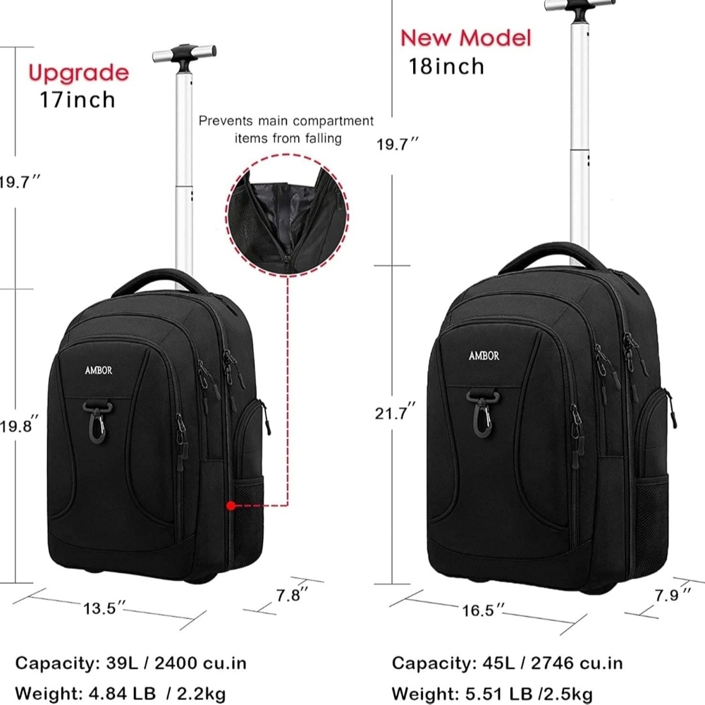 AMBOR Waterproof 17.3 Inch Wheeled Backpack - Picture 4 of 8
